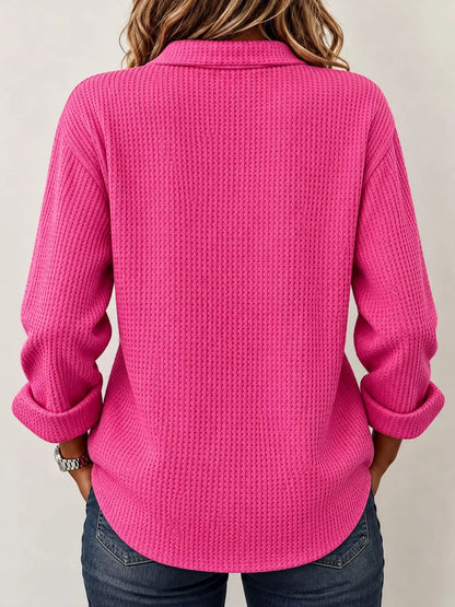 Full Size Waffle Knit Long Sleeve Polo Top Plus Size