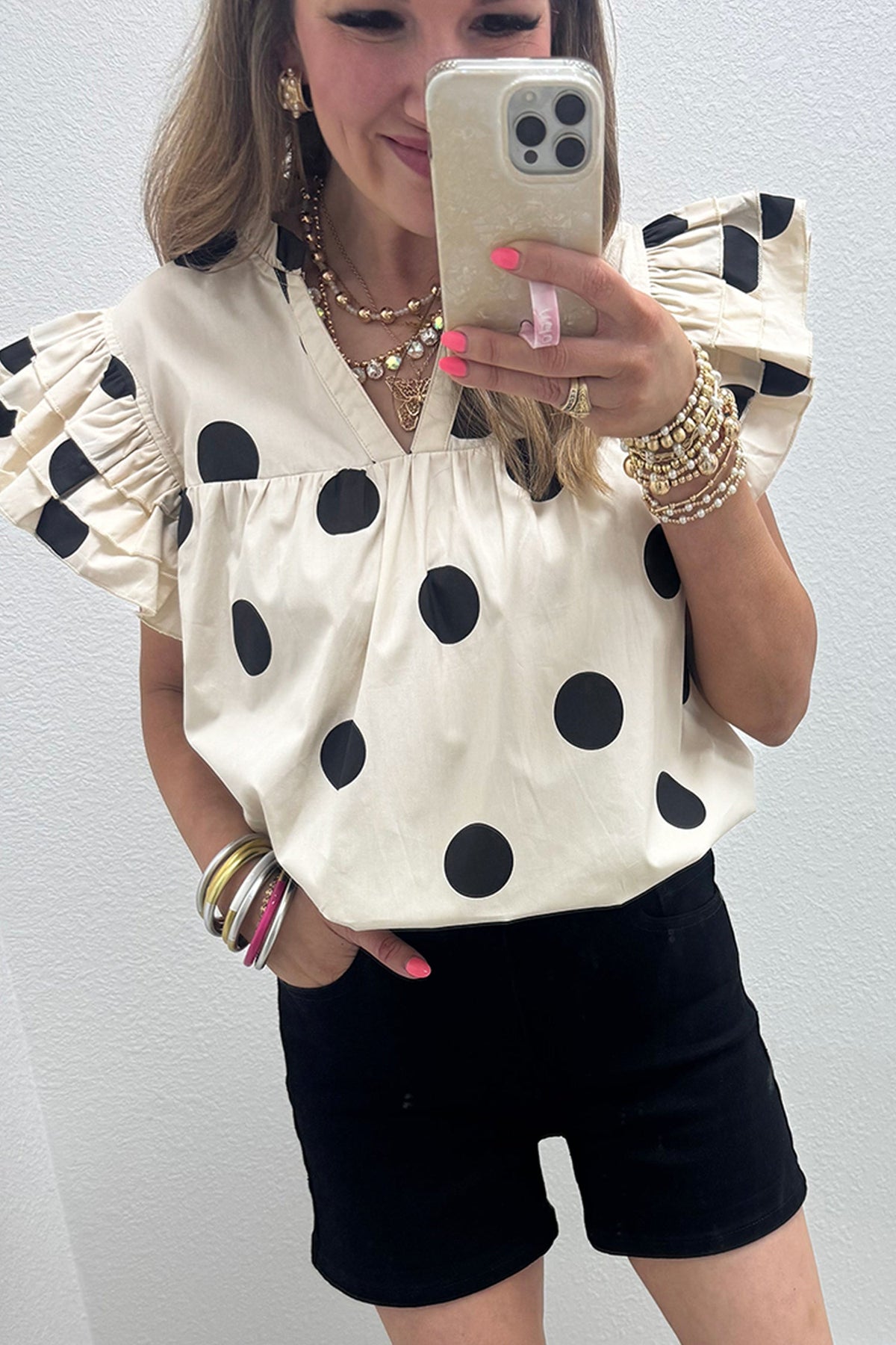 Apricot Casual Polka Dot V-Neck Ruffle Short Sleeve Shift Blouse