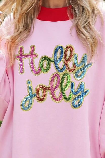 Holly Jolly Sequin Christmas Slogan Color Block Trim Mock Neck Sweatshirt