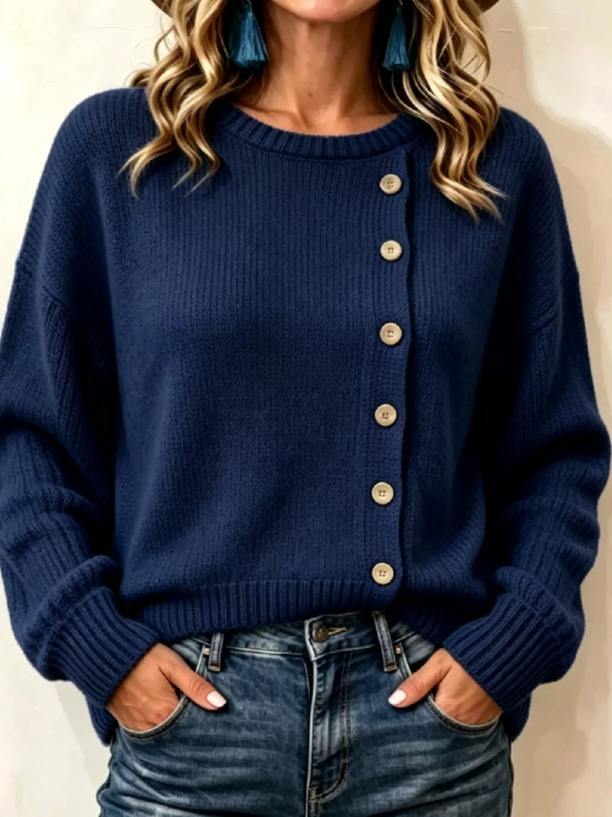 Decorative Button Dropped Shoulder Sweater