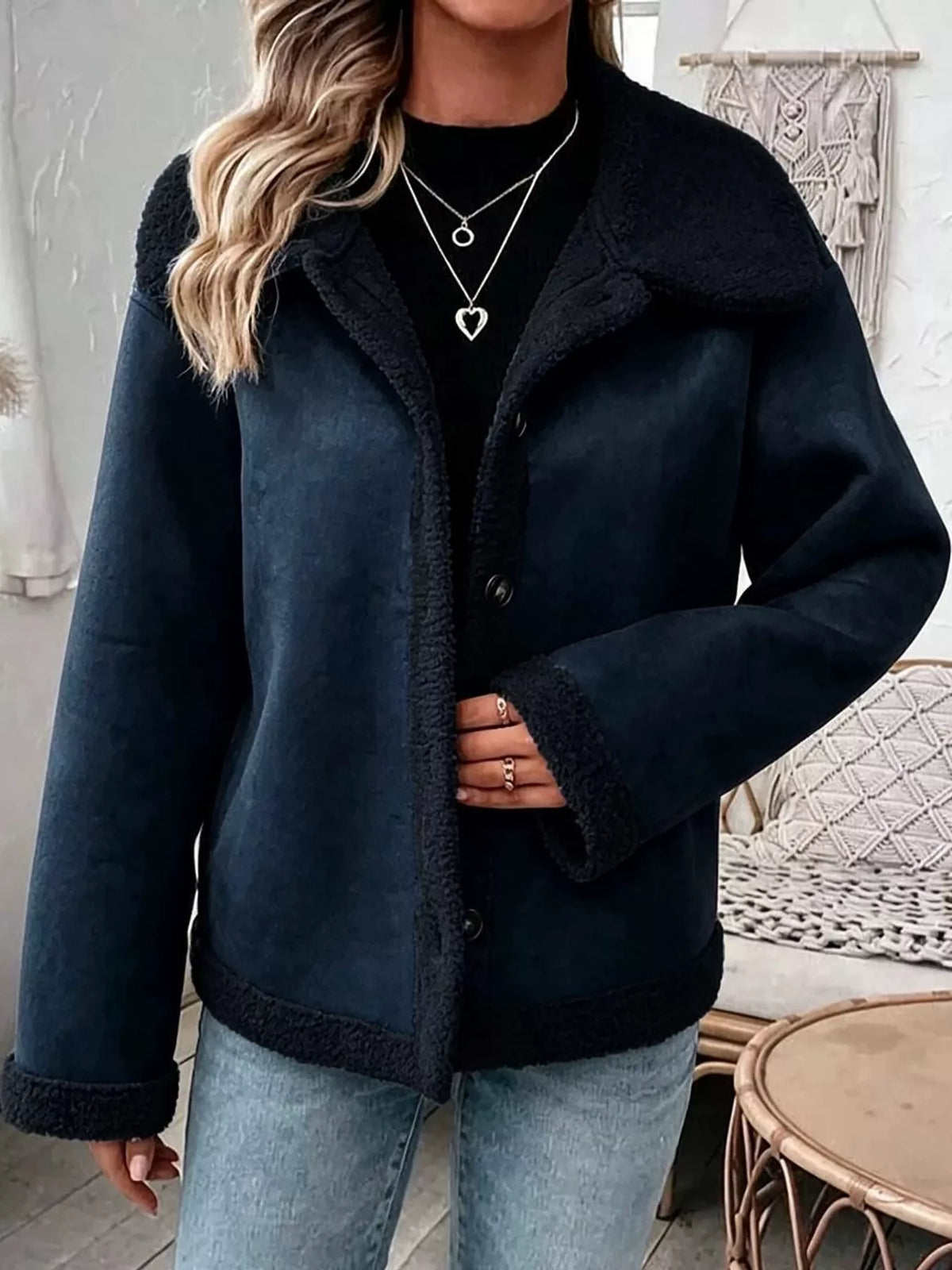 Full Size Cozy Faux Suede Sherpa-Lined Button-Down Jacket Plus Size