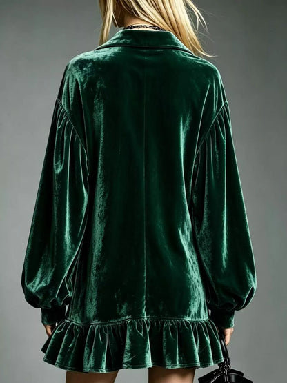 Full Size Velvet Long-Sleeve Ruffle Hem Mini Dress Plus Size
