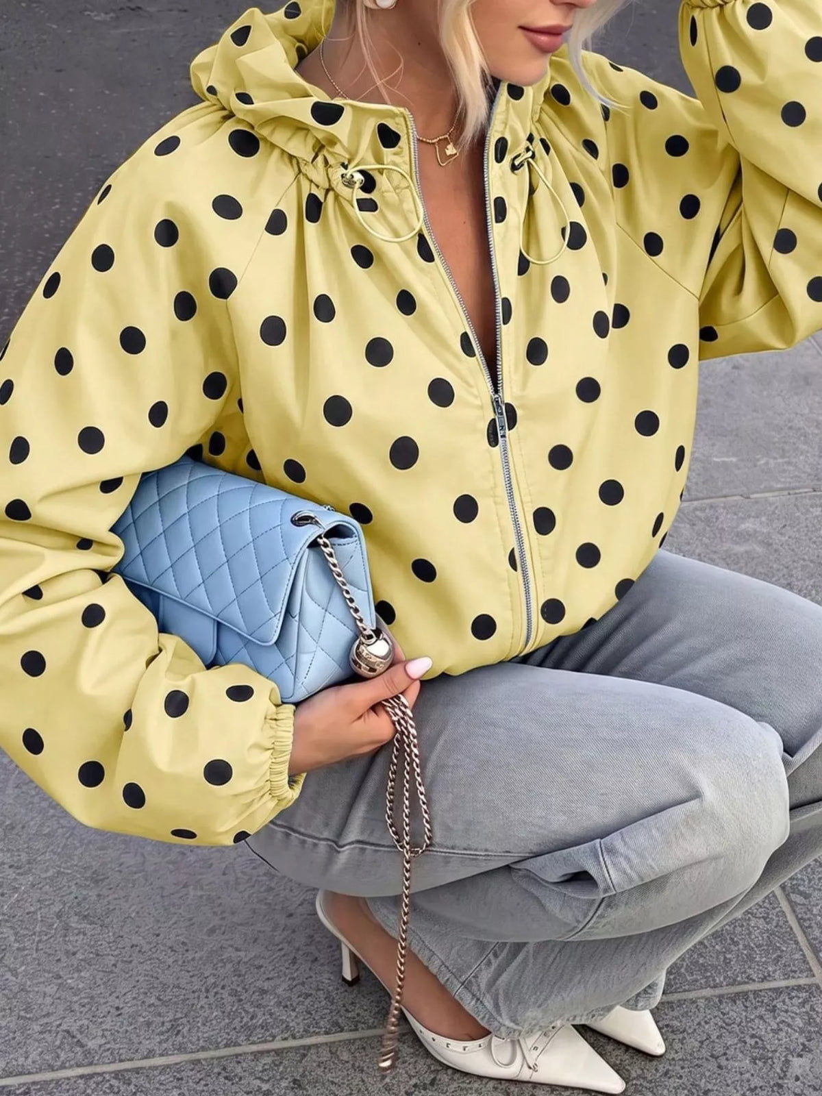 Polka Dot Zip Up Hooded Jacket