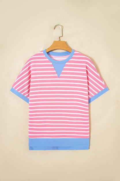 Pink Stripe Contrast Trim Loose Short Sleeve Top