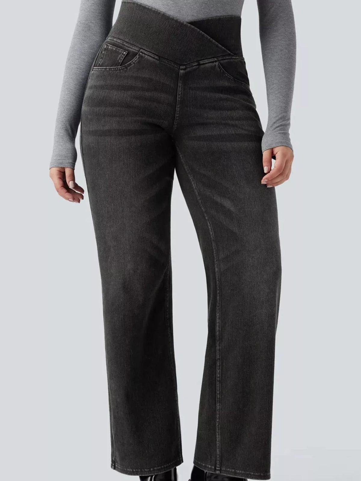 High Waisted Stretch Jeans with Crossover Waist | Straight Leg