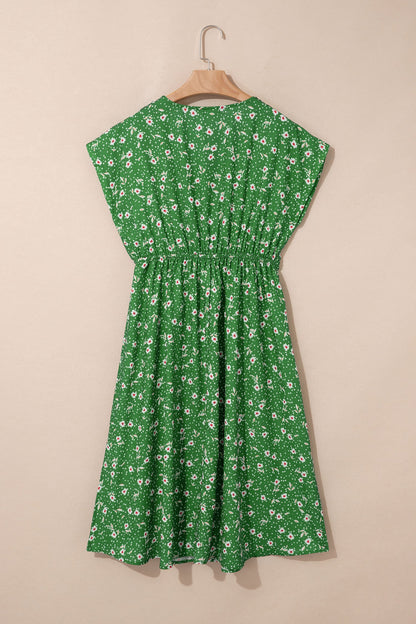 Green Abstract Print Embroidered Trim V Neck Drawstring High Waist Loose Vacation Dress