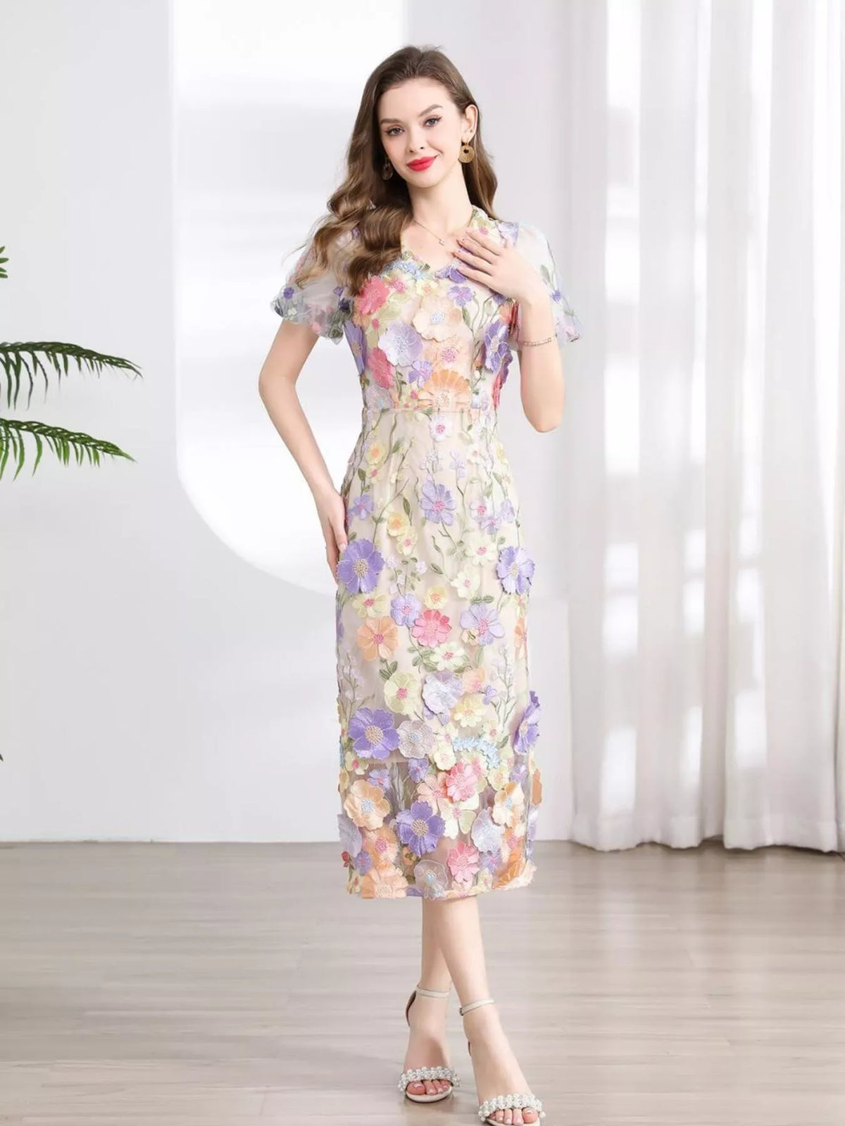 Floral Embroidered Puff Sleeve Midi Dress
