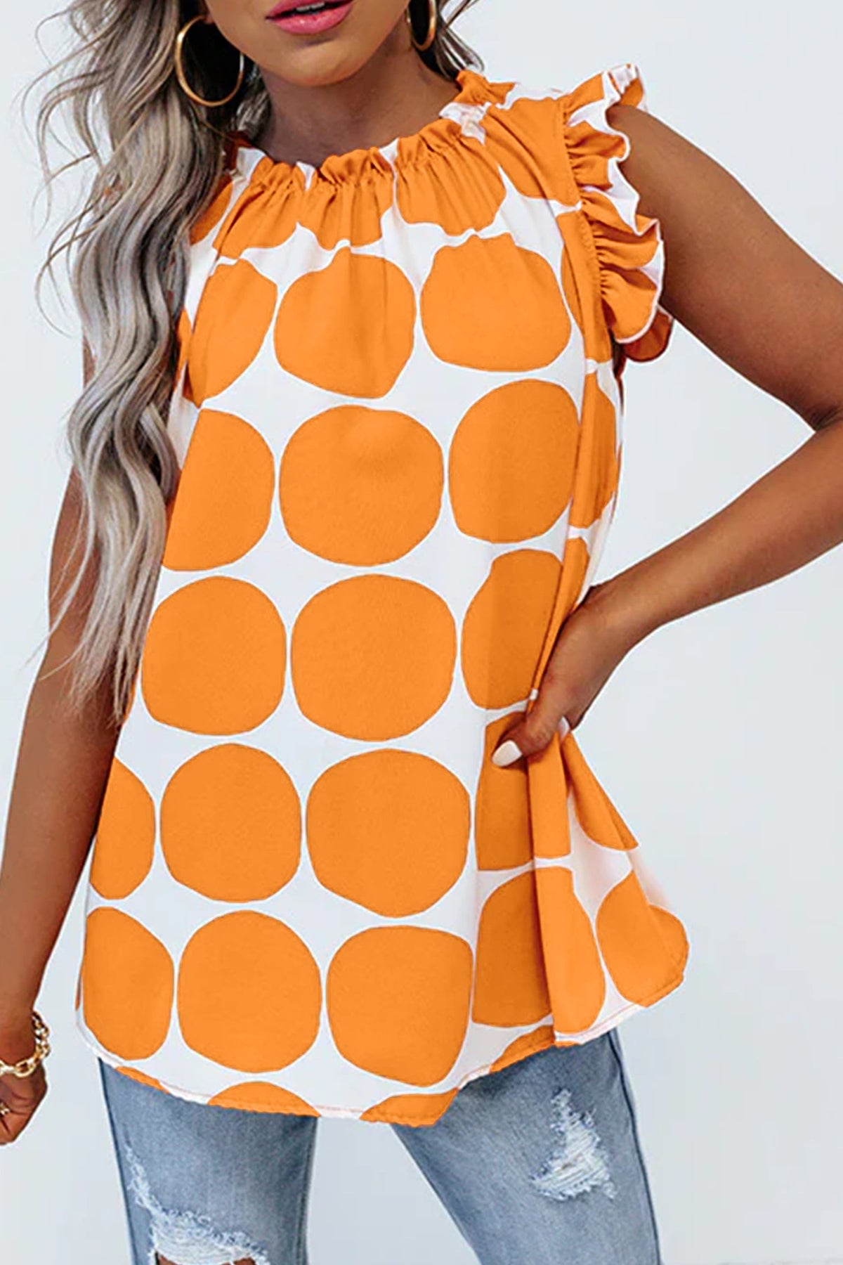 Blue Polka Dot Print Frilled Round Neck Shift Tank Top