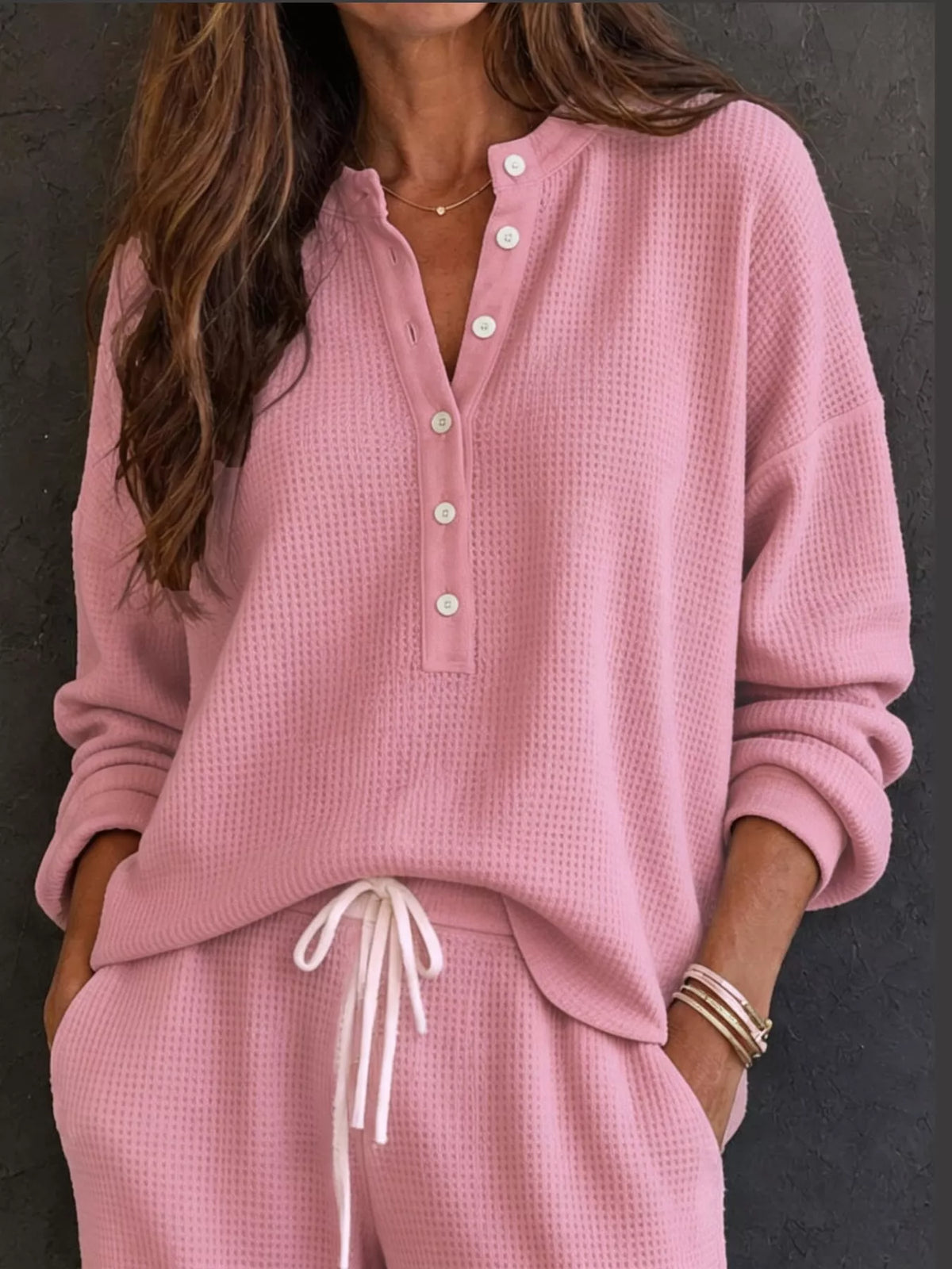 Women’s Waffle Knit Two-Piece Pants Set – Button-Front Top & Wide-Leg Pants