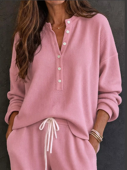 Women’s Waffle Knit Two-Piece Pants Set – Button-Front Top & Wide-Leg Pants