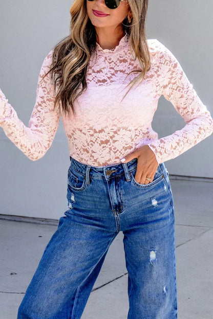 Floral Lace Long Sleeve Stand Neck Pullover Top