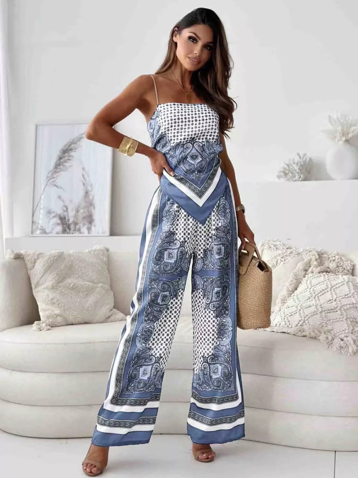 Printed Cami and Wide Leg Pants Set