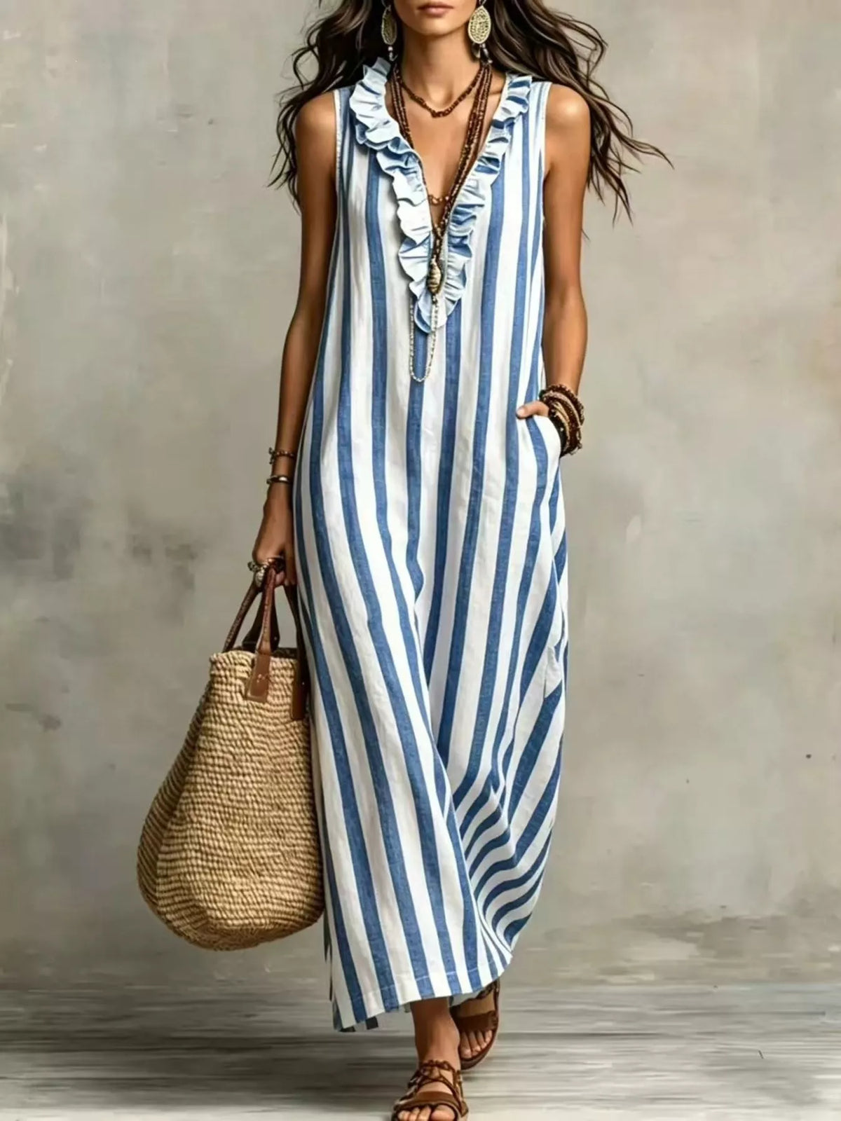 Plus Size Sleeveless Striped Ruffle Maxi Dress