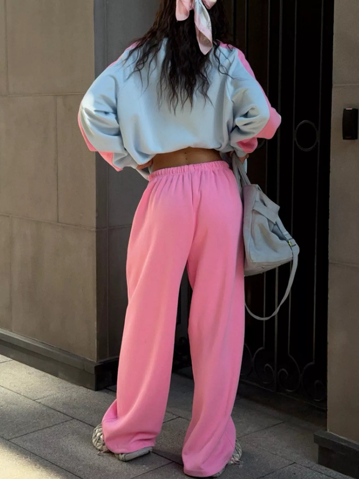 Color-Block Graphic Sweatshirt and Wide-Leg Pants Set