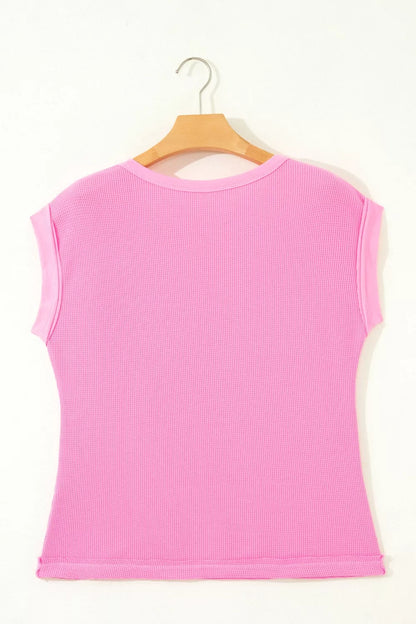 Solid Color Raw Seam Waffled Patchwork Casual T Shirt