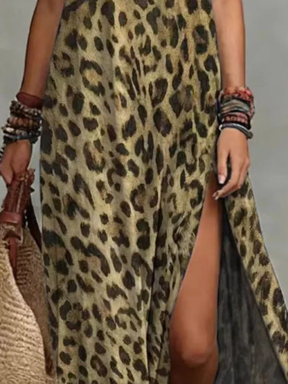 Leopard Print Sleeveless Maxi Dress with Side Slit