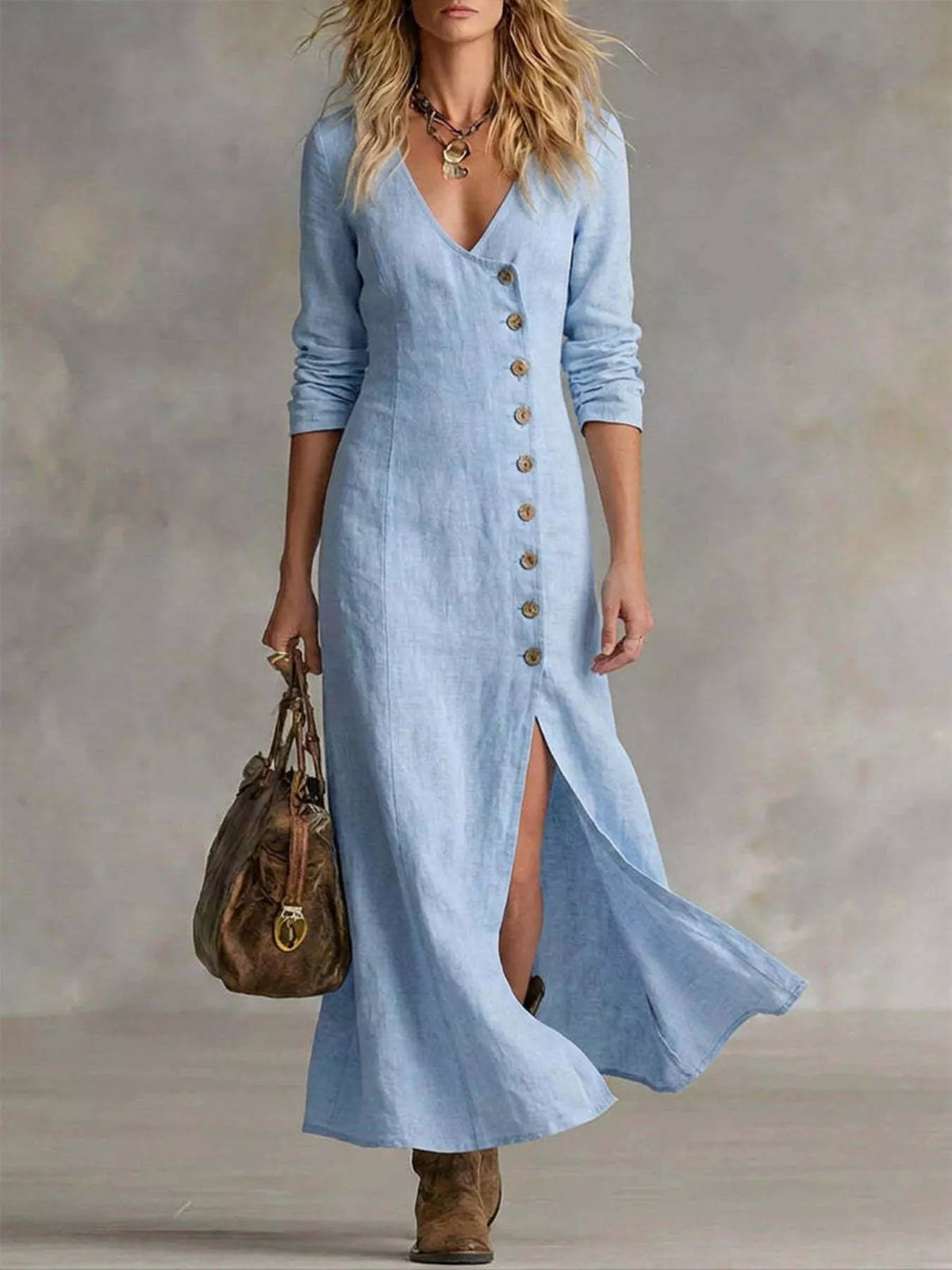 Slit Button-Down Midi Dress