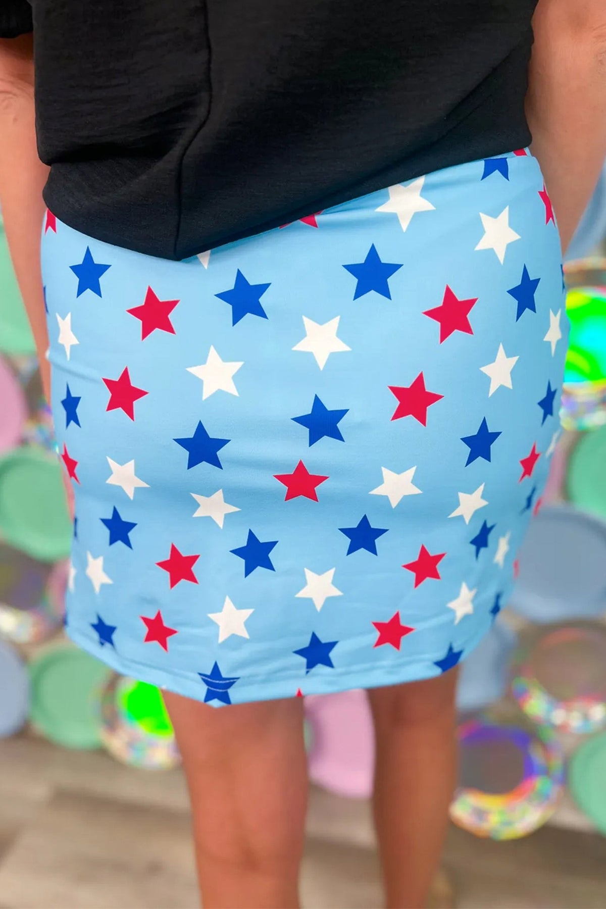 Sky Blue Patriotic Star Printed Beaded Drawstring Mini Skort