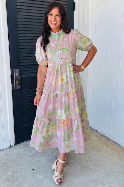 Pink Floral Print Short Puff Sleeve High Waist Tiered Maxi Dress