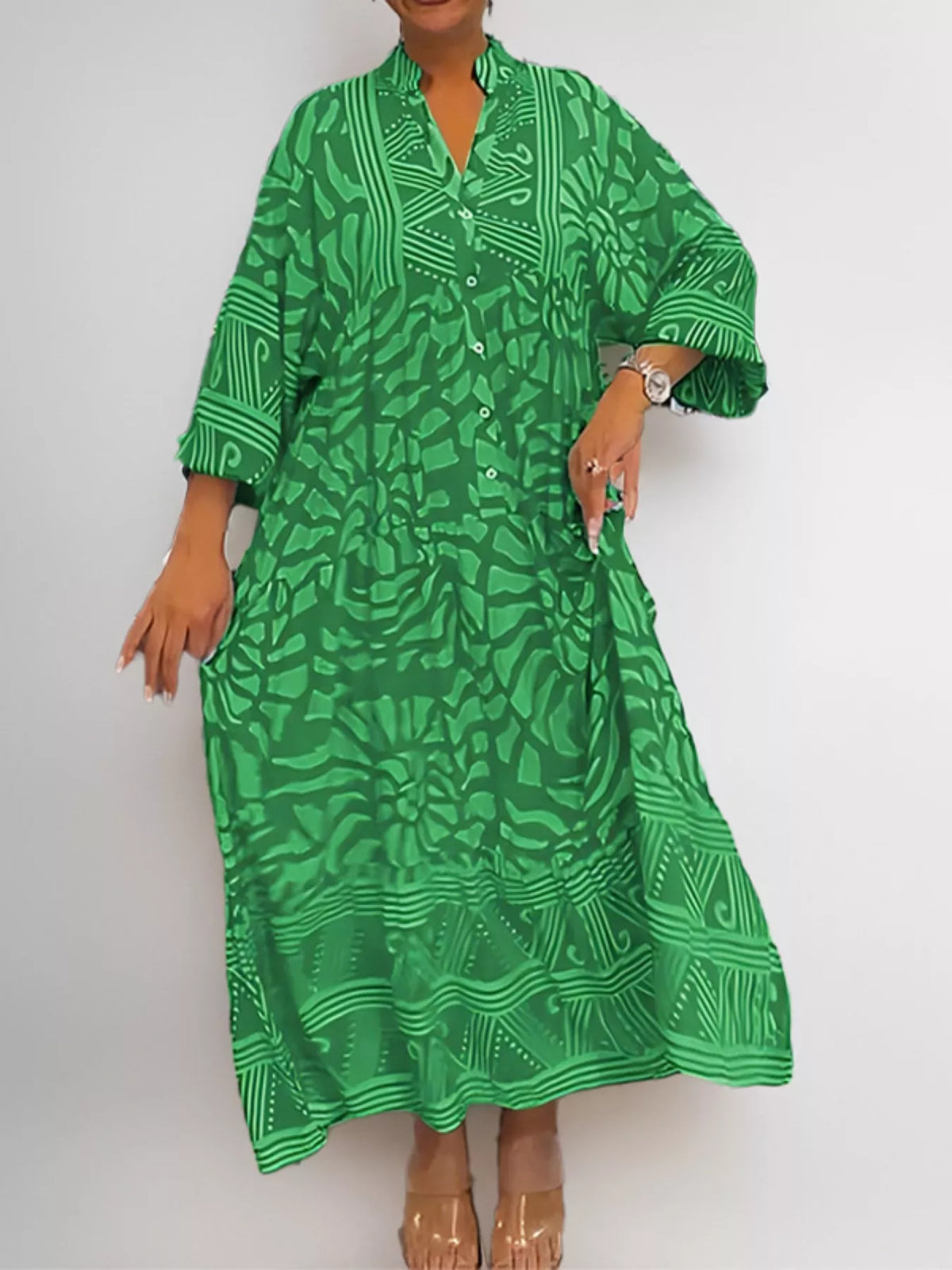 Printed Button Front Midi Dress