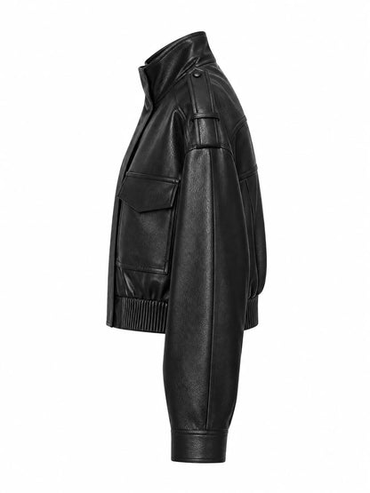 Faux Leather Cropped Bomber Jacket