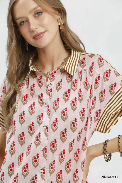 Umgee Block Print Button-Front Shirt with Contrast Stripe Point Collar