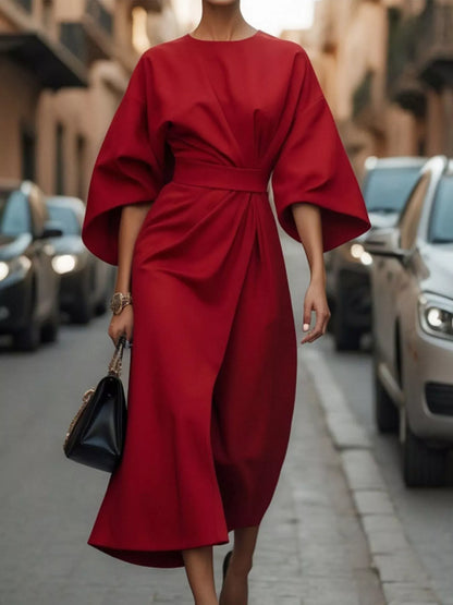 Full Sleeve Kimono Sleeves Round Neck Midi Dress Plus Size