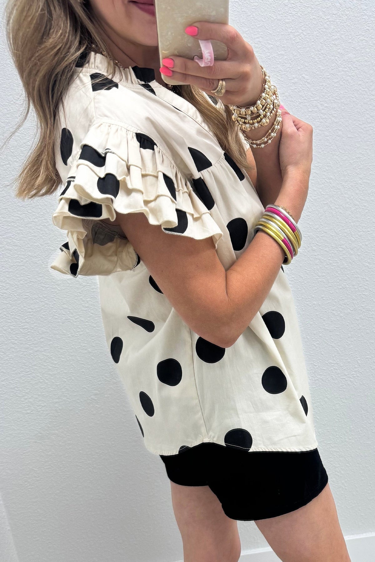 Apricot Casual Polka Dot V-Neck Ruffle Short Sleeve Shift Blouse