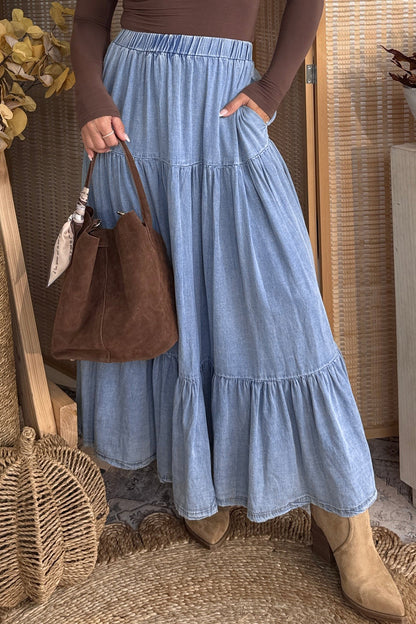 Beau Blue Elastic Waist Ruffled Tiered Flared Denim Maxi Skirt