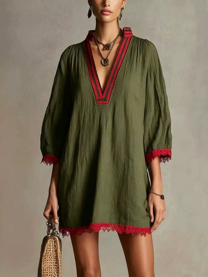 Lace Trim Notched Mini Dress