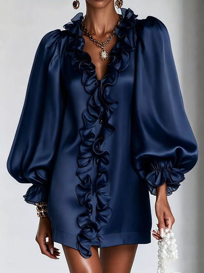 Ruffle Trim Puff Sleeve Mini Dress
