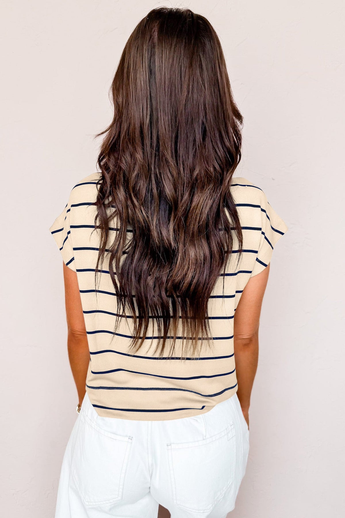 Khaki Stripe Mock Neck Short Sleeve Loose Top