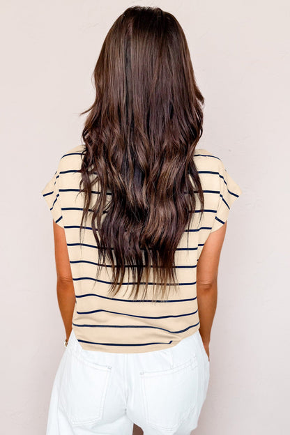 Khaki Stripe Mock Neck Short Sleeve Loose Top