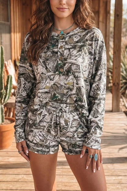 Camo Long Sleeve Top Elastic Waist Shorts Two Piece Set