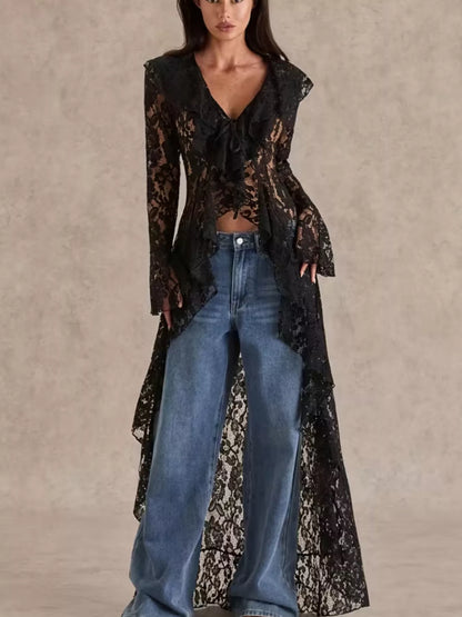 Lace Ruffle Trim High-Low Blouse