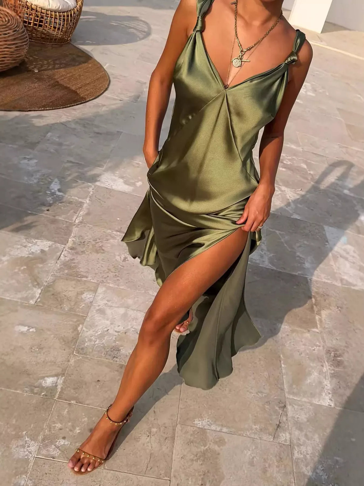 Sally's Satin V-Neck Slit Maxi Dress