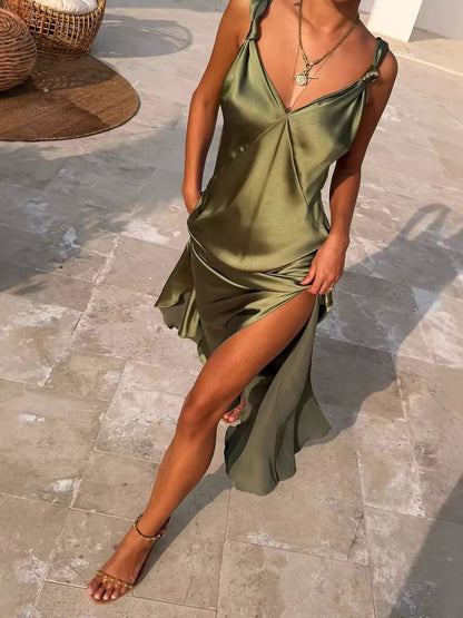 Sally's Satin V-Neck Slit Maxi Dress