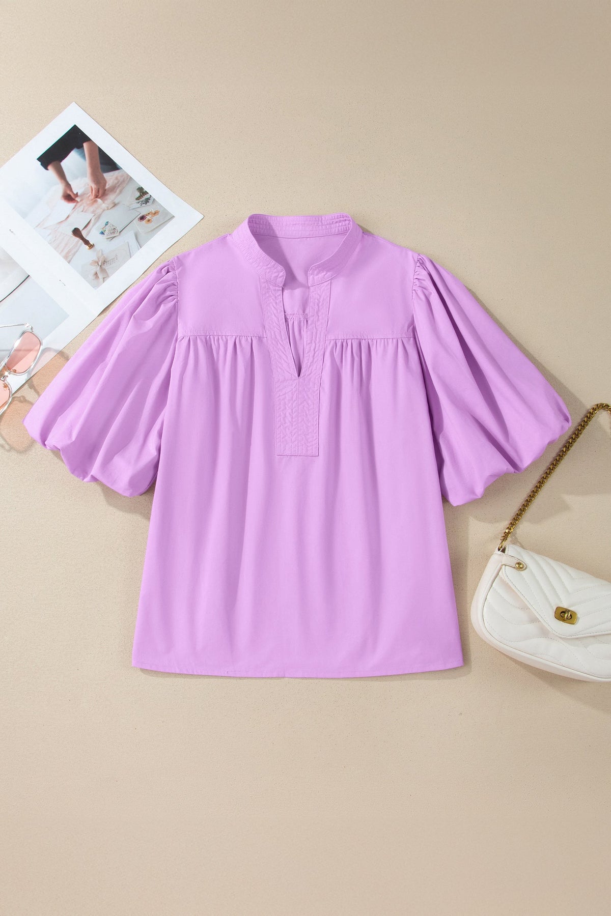 Phalaenopsis Stitched Detail V Neck Puffy Half Sleeve Blouse