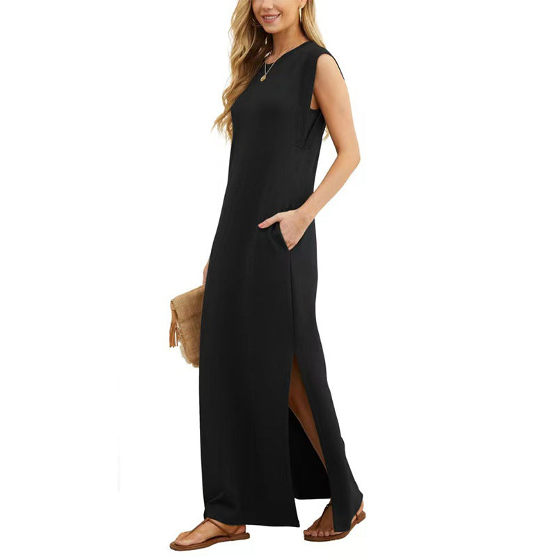 Women Round Neck Casual Loose Split Wrinkle-Free Long Maxi Beach Dress with Pockets