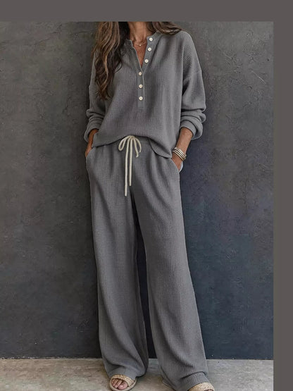 Women’s Waffle Knit Two-Piece Pants Set – Button-Front Top & Wide-Leg Pants