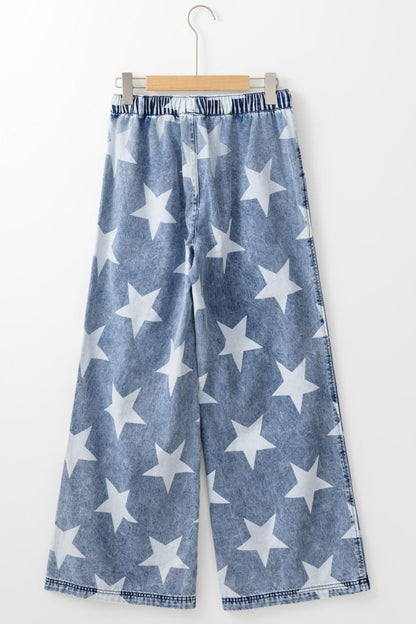 Star Print Washed Drawstring High Waist Wide Leg Jeans