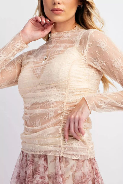 Sheer Floral Mesh Ruched Long Sleeve Top
