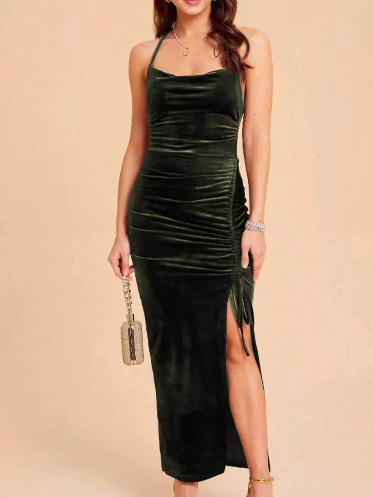 Velvet Ruched Dress with High Slit