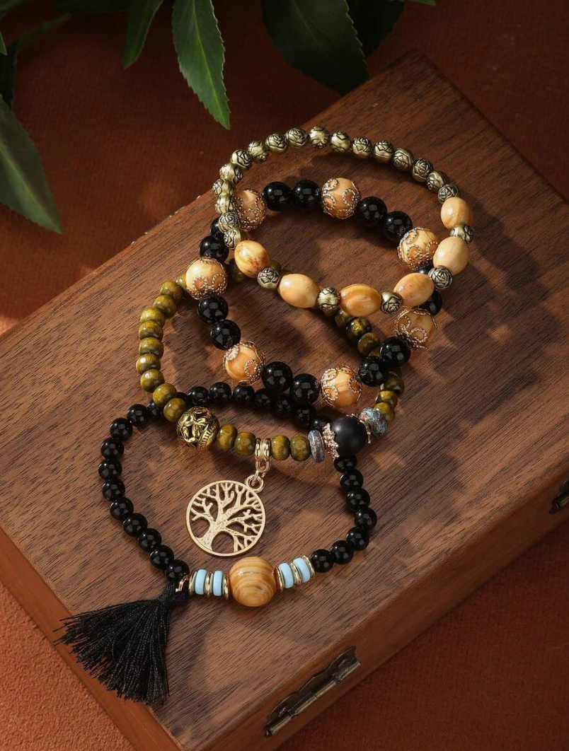 Tassel Multi-Layer Wooden Bead 4pcs/Set Bohemian Bracelet
