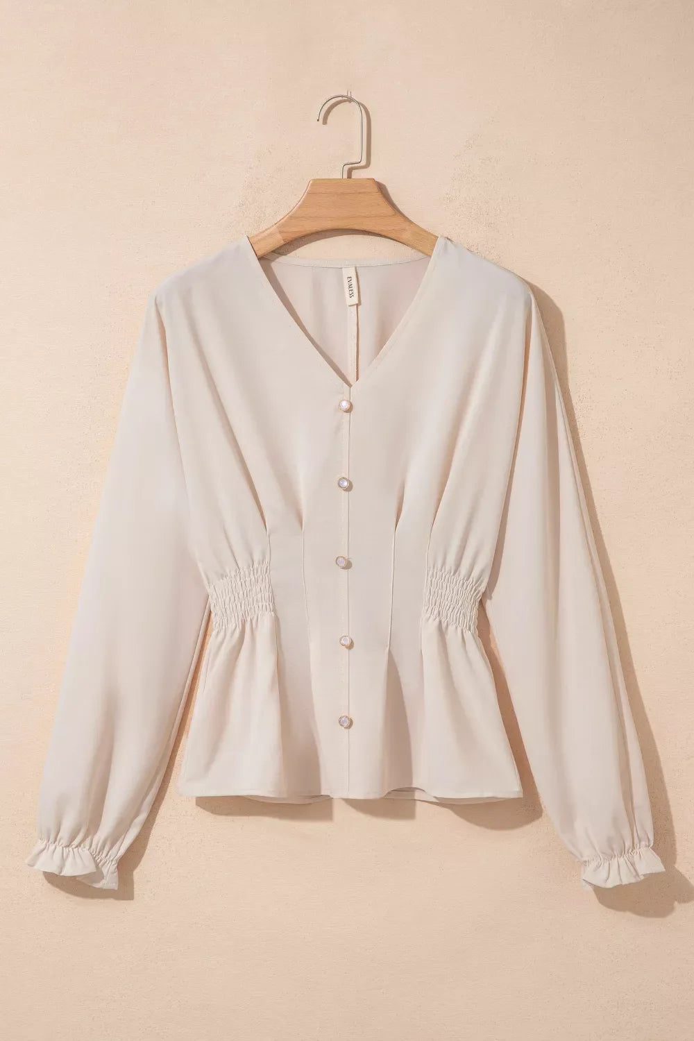 V Neck Long Sleeve Smocked Waist Elegant Blouse