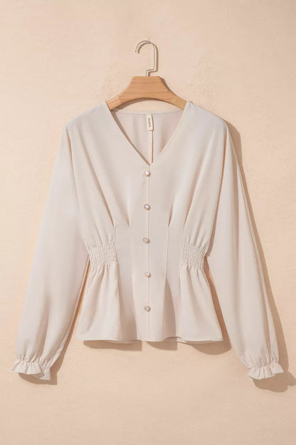 V Neck Long Sleeve Smocked Waist Elegant Blouse