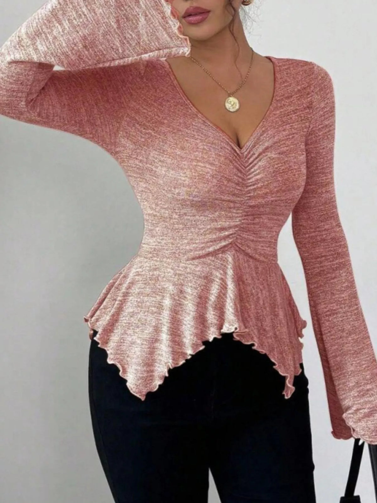 Ruched Flared Sleeves Peplum T-Shirt