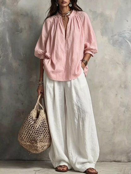 Notched Blouse and Wide-Leg Pants Set