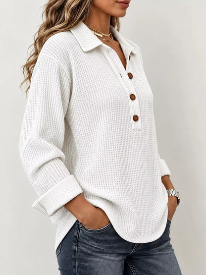Full Size Waffle Knit Long Sleeve Polo Top Plus Size