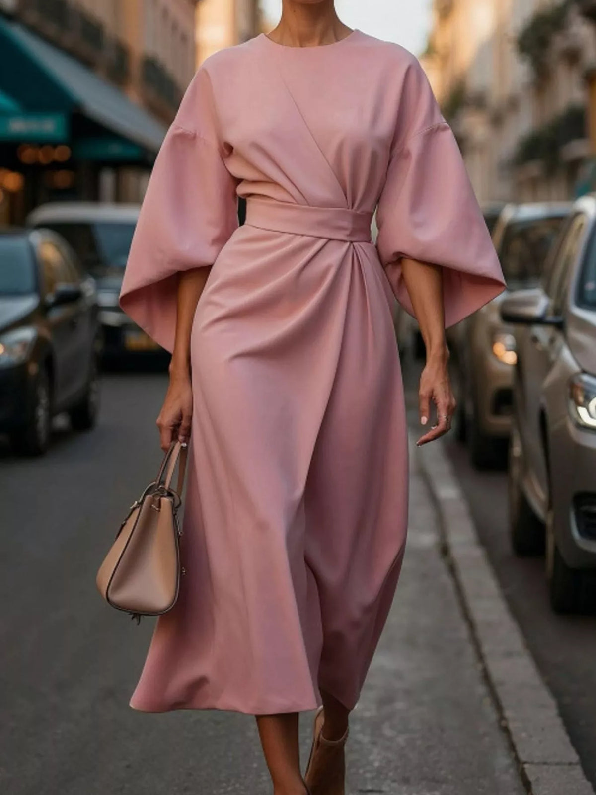 Full Sleeve Kimono Sleeves Round Neck Midi Dress Plus Size